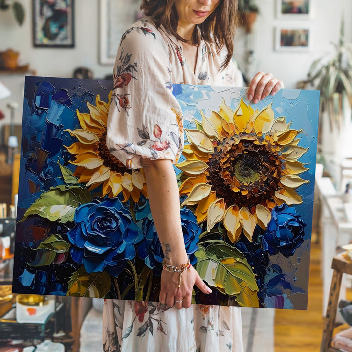 Sunflowers & Blue Roses Canvas – Bold Impasto Floral Wall Art - Gifitto