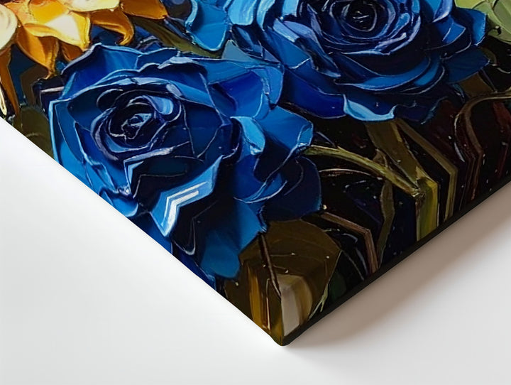 Sunflowers & Blue Roses Canvas – Bold Impasto Floral Wall Art - Gifitto
