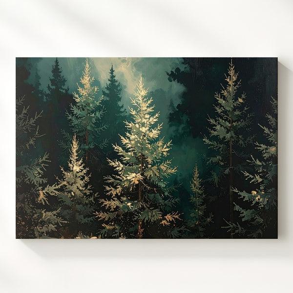 Evergreen Glow Canvas – Snow-Dusted Pine Forest Wall Art
