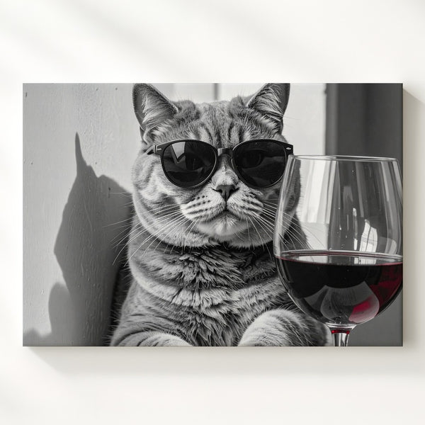 Cool Cat with Wine Glass Canvas – Black-and-White Fashion-Style Feline Art - Gifitto