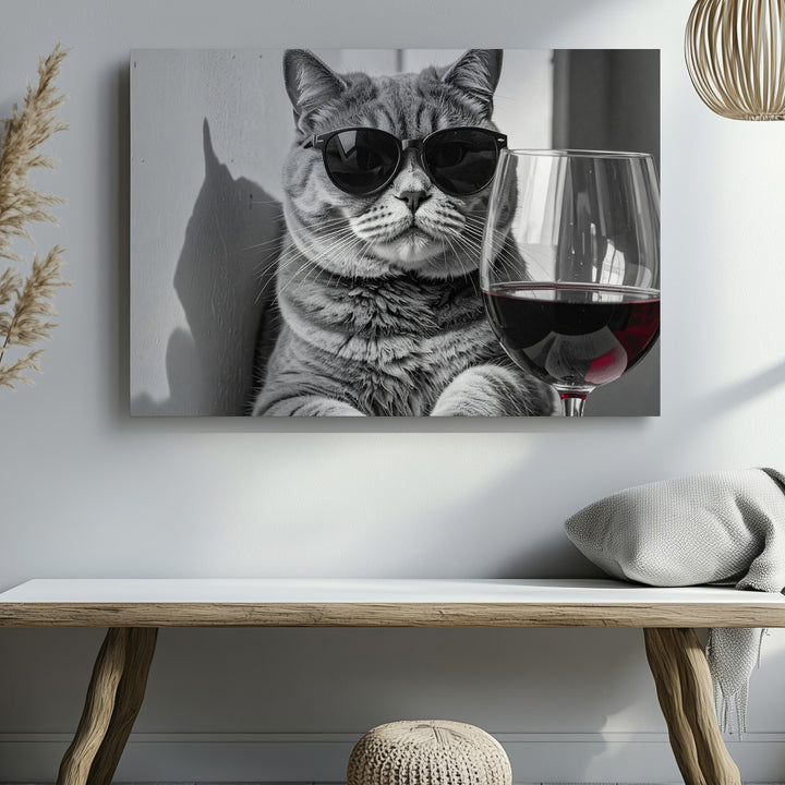 Cool Cat with Wine Glass Canvas – Black-and-White Fashion-Style Feline Art - Gifitto