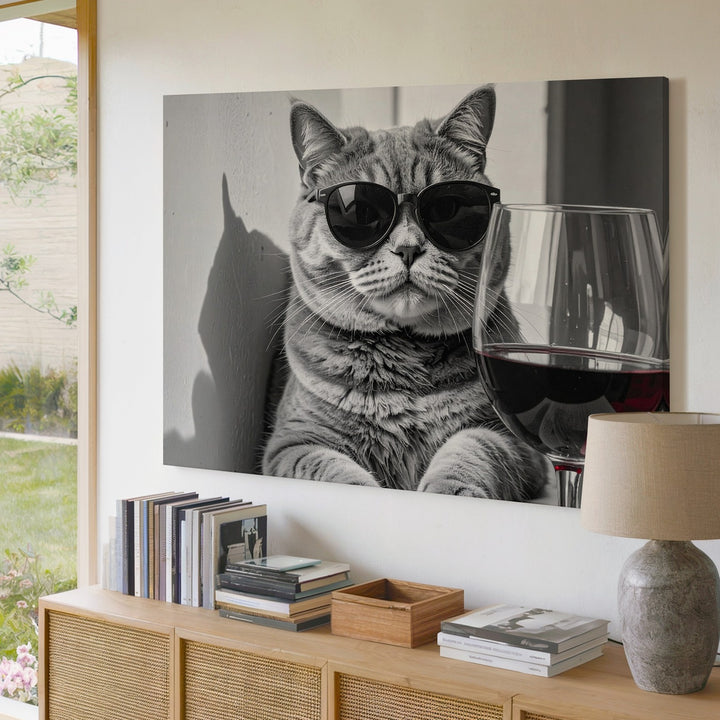 Cool Cat with Wine Glass Canvas – Black-and-White Fashion-Style Feline Art - Gifitto