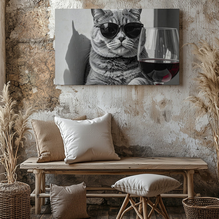 Cool Cat with Wine Glass Canvas – Black-and-White Fashion-Style Feline Art - Gifitto