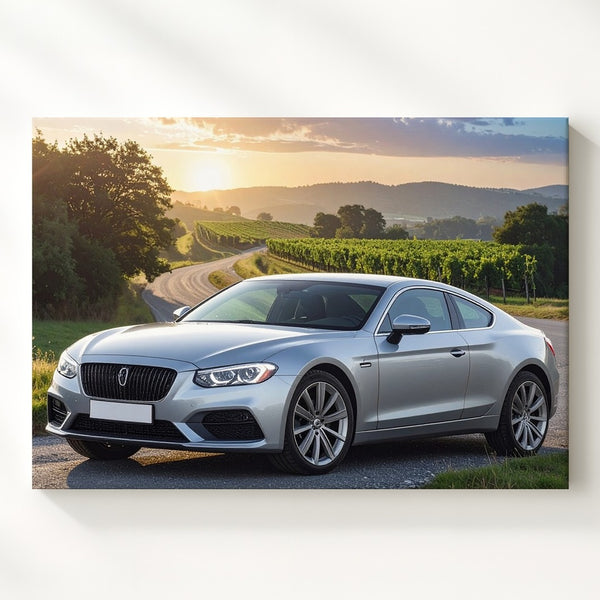 Sunset Bentley Canvas – Silver Coupe in Vineyard Countryside Wall Art - Gifitto