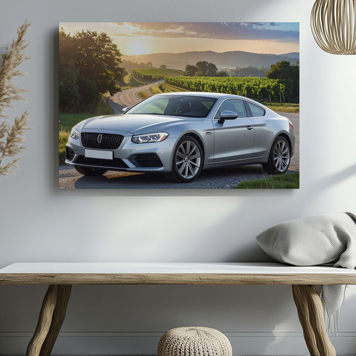 Sunset Bentley Canvas – Silver Coupe in Vineyard Countryside Wall Art - Gifitto