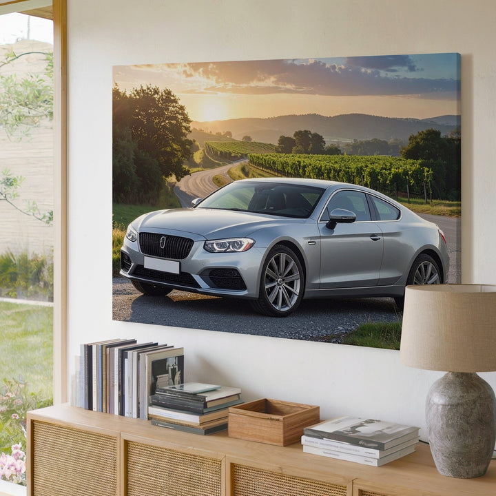 Sunset Bentley Canvas – Silver Coupe in Vineyard Countryside Wall Art - Gifitto