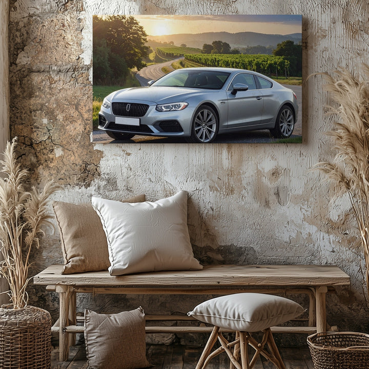Sunset Bentley Canvas – Silver Coupe in Vineyard Countryside Wall Art - Gifitto