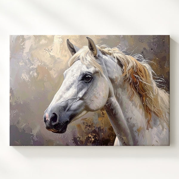 Golden Whisper Canvas – Elegant White Horse in Soft Warm Tones - Gifitto