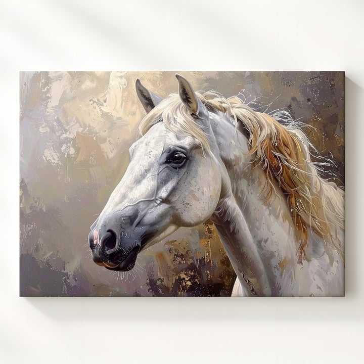 Golden Whisper Canvas – Elegant White Horse in Soft Warm Tones - Gifitto