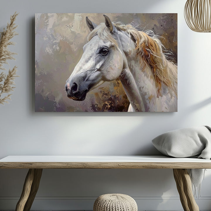 Golden Whisper Canvas – Elegant White Horse in Soft Warm Tones - Gifitto