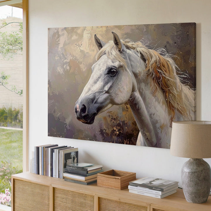 Golden Whisper Canvas – Elegant White Horse in Soft Warm Tones - Gifitto