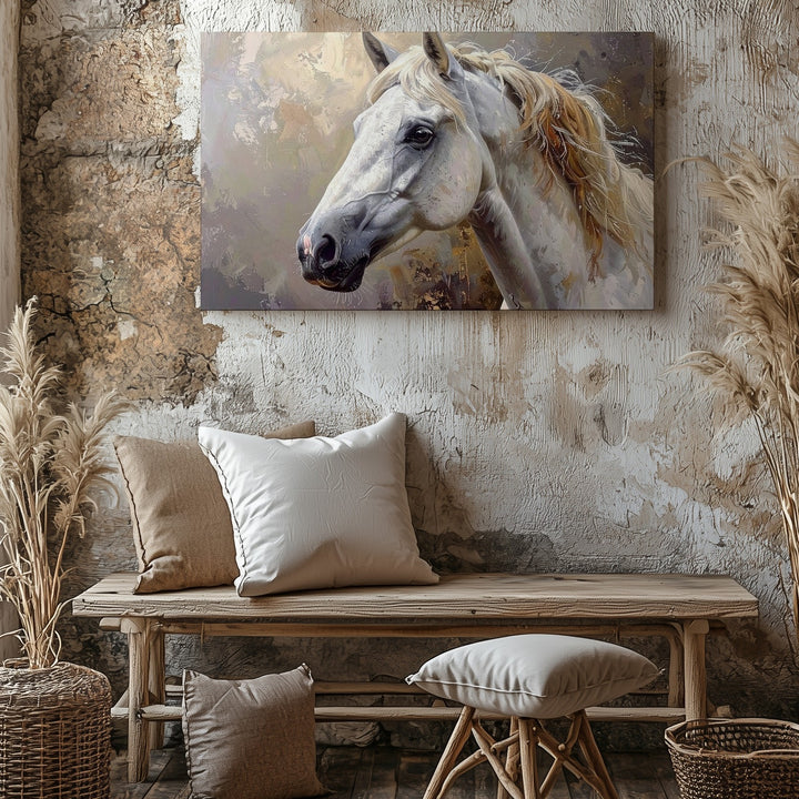 Golden Whisper Canvas – Elegant White Horse in Soft Warm Tones - Gifitto