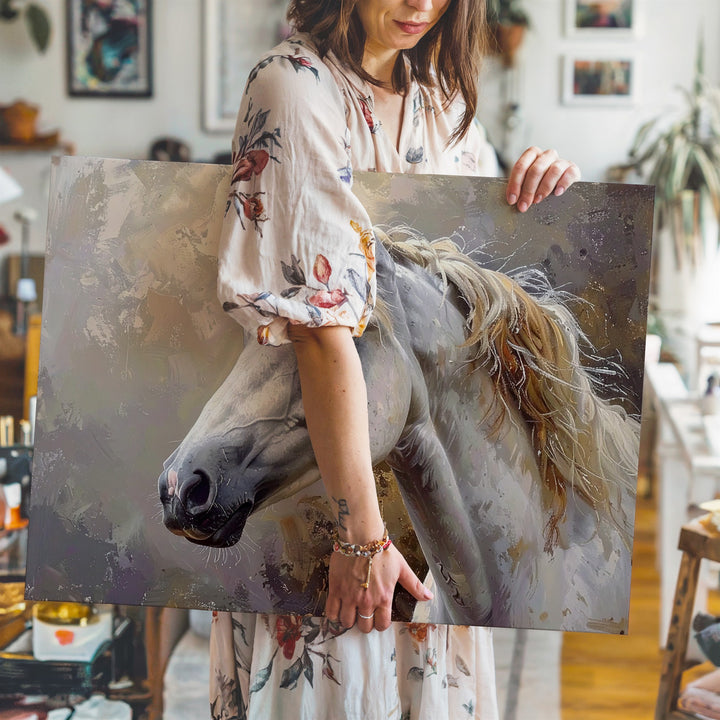 Golden Whisper Canvas – Elegant White Horse in Soft Warm Tones - Gifitto