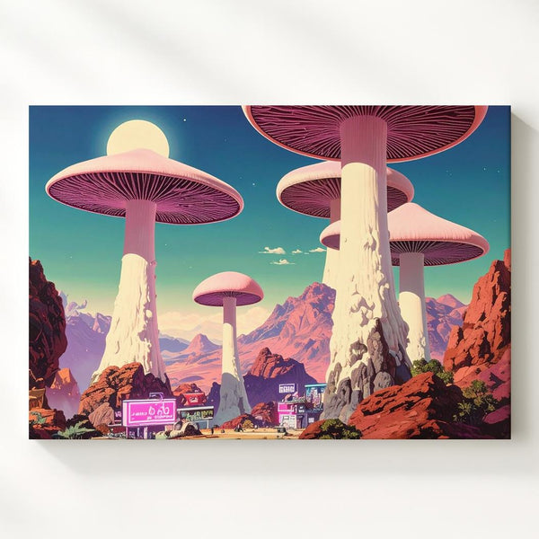 Surreal Mushroom Outpost Canvas – Retro-Futuristic Fantasy Landscape Art - Gifitto