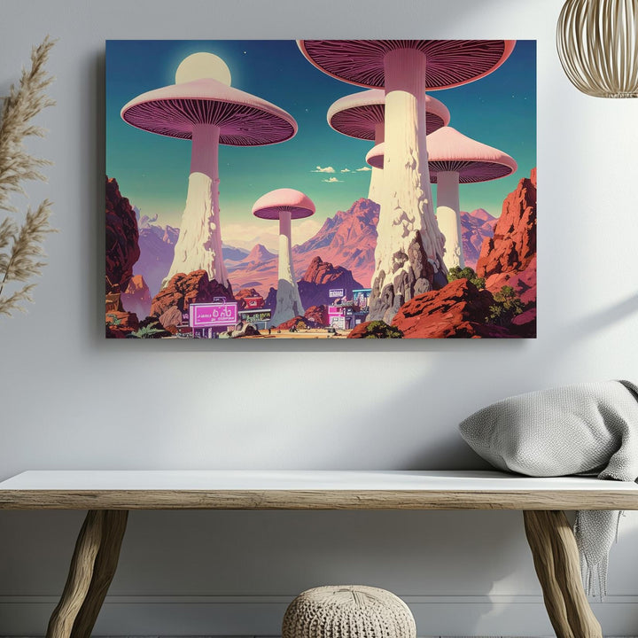 Surreal Mushroom Outpost Canvas – Retro-Futuristic Fantasy Landscape Art - Gifitto