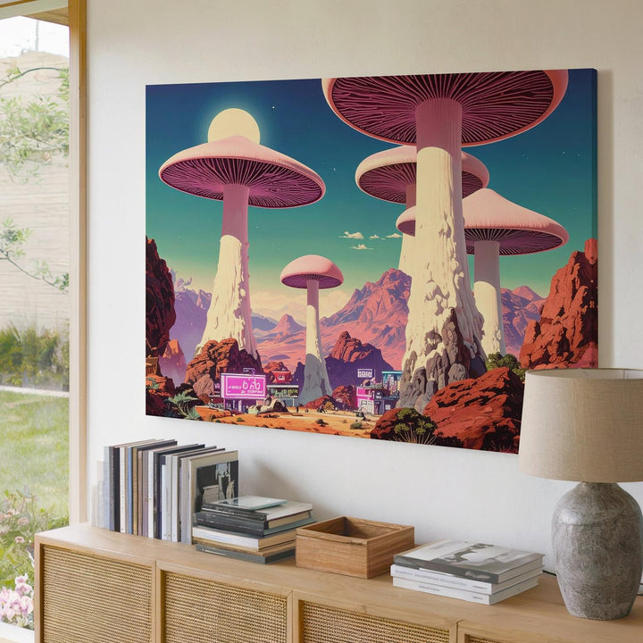 Surreal Mushroom Outpost Canvas – Retro-Futuristic Fantasy Landscape Art - Gifitto