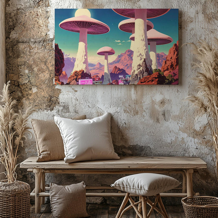 Surreal Mushroom Outpost Canvas – Retro-Futuristic Fantasy Landscape Art - Gifitto