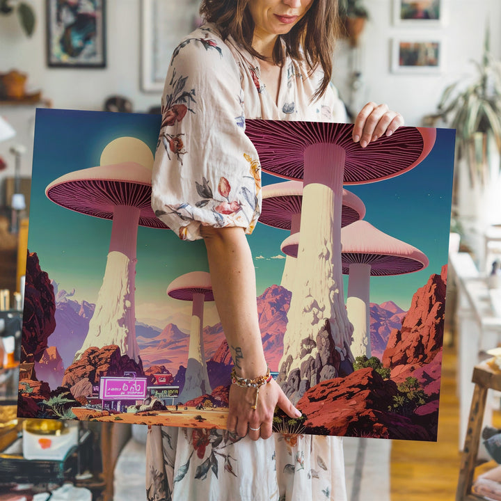 Surreal Mushroom Outpost Canvas – Retro-Futuristic Fantasy Landscape Art - Gifitto