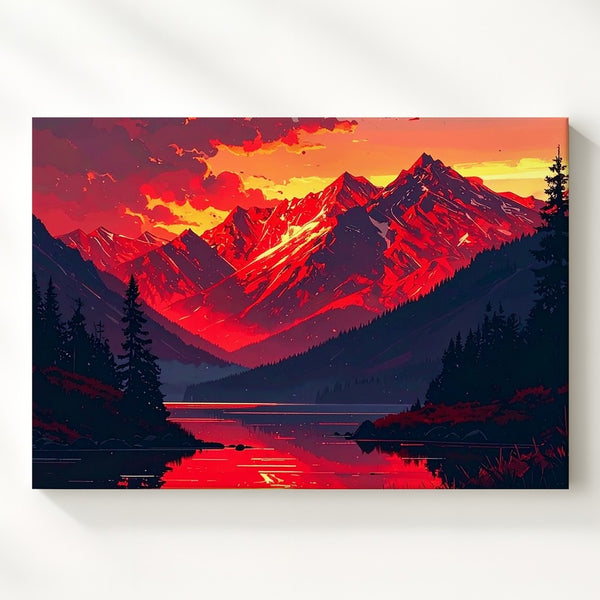 Crimson Twilight Mountain Canvas – Vertical Sunset Lake Landscape Art - Gifitto