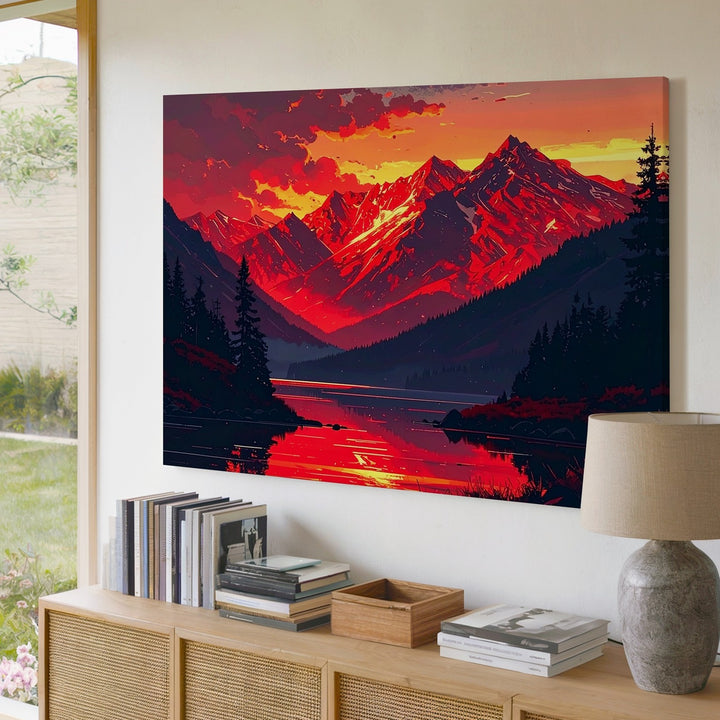 Crimson Twilight Mountain Canvas – Vertical Sunset Lake Landscape Art - Gifitto