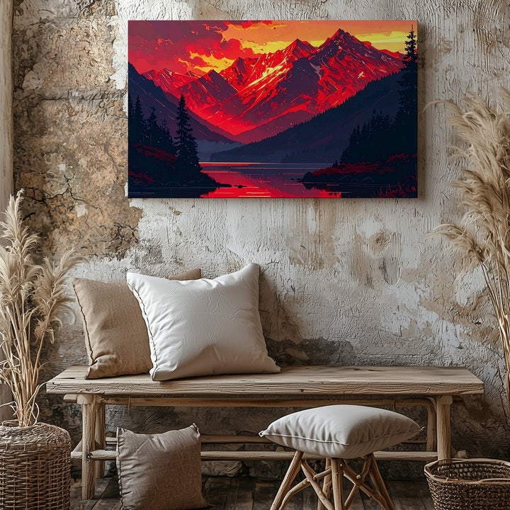 Crimson Twilight Mountain Canvas – Vertical Sunset Lake Landscape Art - Gifitto