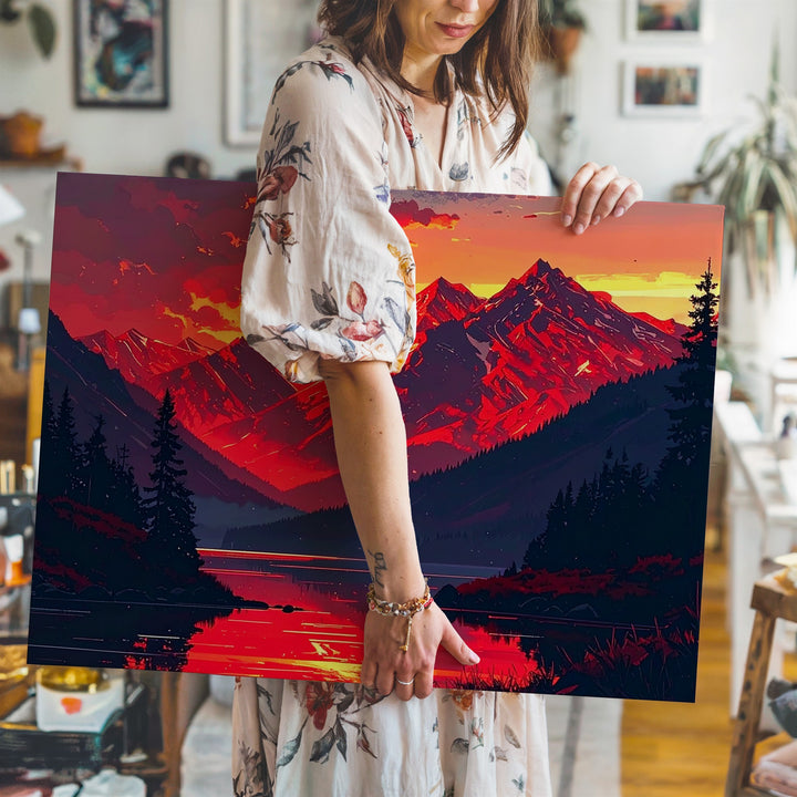 Crimson Twilight Mountain Canvas – Vertical Sunset Lake Landscape Art - Gifitto