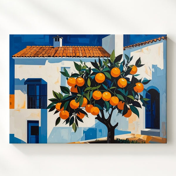 Mediterranean Orange Tree Canvas – Stylized Street Scene with Whitewashed House - Gifitto