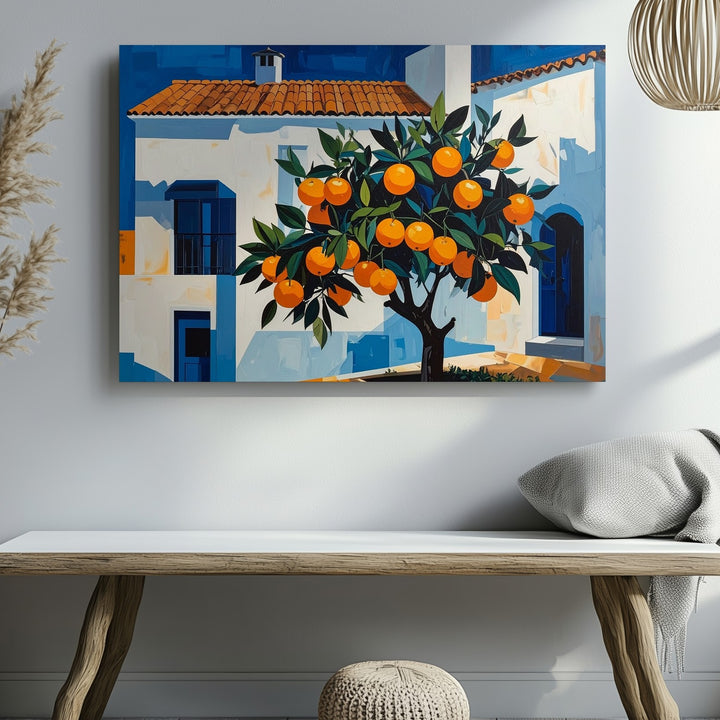 Mediterranean Orange Tree Canvas – Stylized Street Scene with Whitewashed House - Gifitto