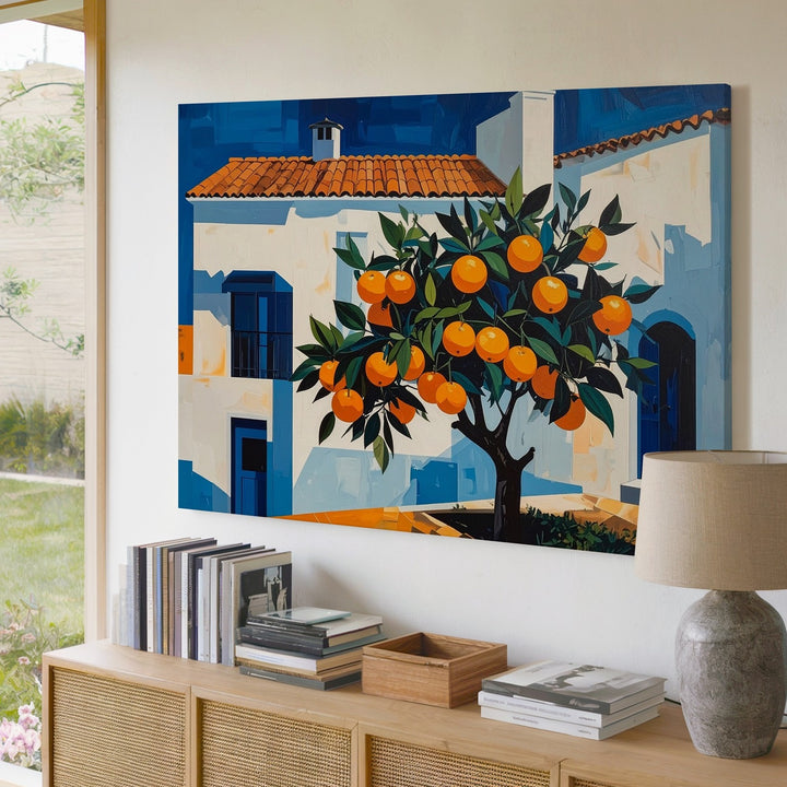 Mediterranean Orange Tree Canvas – Stylized Street Scene with Whitewashed House - Gifitto