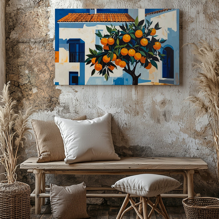 Mediterranean Orange Tree Canvas – Stylized Street Scene with Whitewashed House - Gifitto