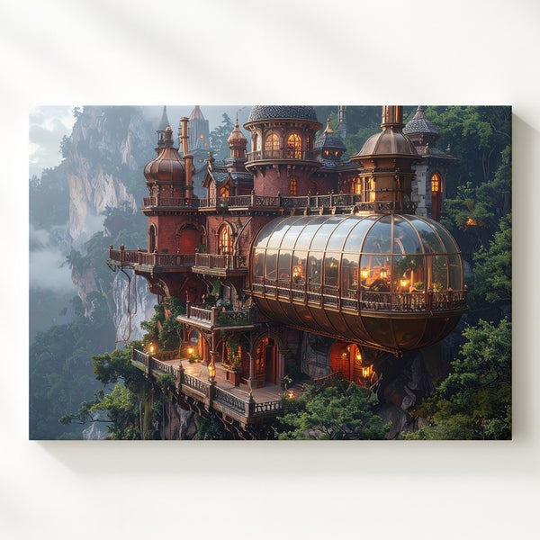 Steampunk Cliffside Castle Canvas – Fantasy Architecture with Brass & Forest Glow