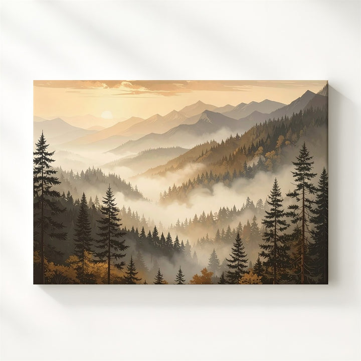 Misty Mountain Ridges Canvas – Sepia & Gold Atmospheric Landscape Art - Gifitto