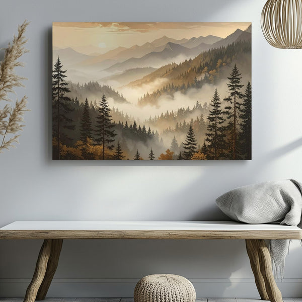 Misty Mountain Ridges Canvas – Sepia & Gold Atmospheric Landscape Art - Gifitto