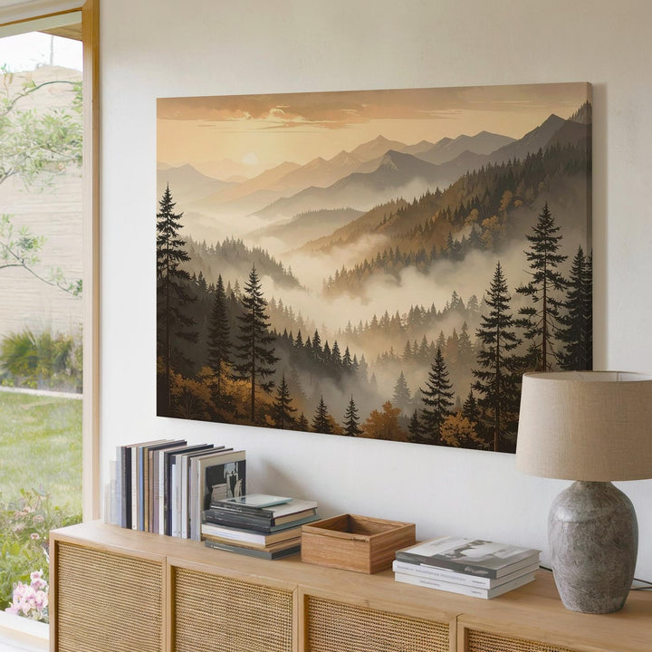 Misty Mountain Ridges Canvas – Sepia & Gold Atmospheric Landscape Art - Gifitto