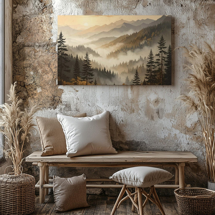 Misty Mountain Ridges Canvas – Sepia & Gold Atmospheric Landscape Art - Gifitto