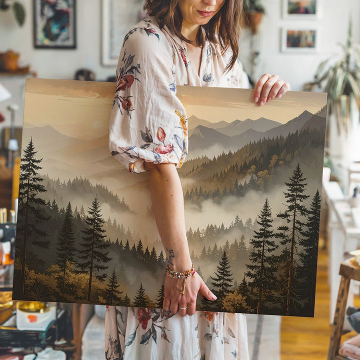 Misty Mountain Ridges Canvas – Sepia & Gold Atmospheric Landscape Art - Gifitto