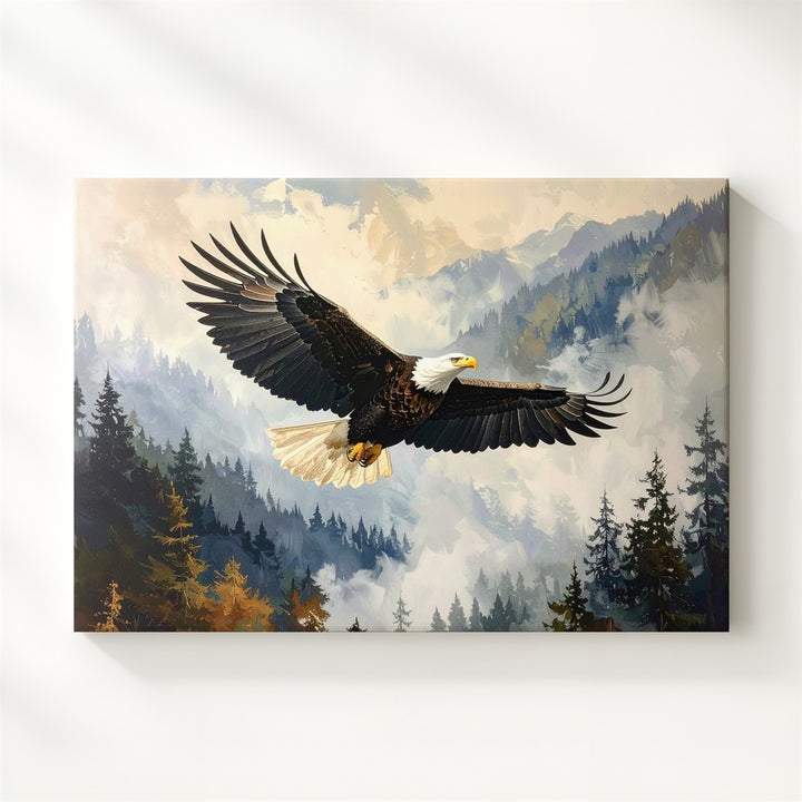 Majestic Bald Eagle Canvas – Powerful Flight over Misty Watercolor Wilderness - Gifitto