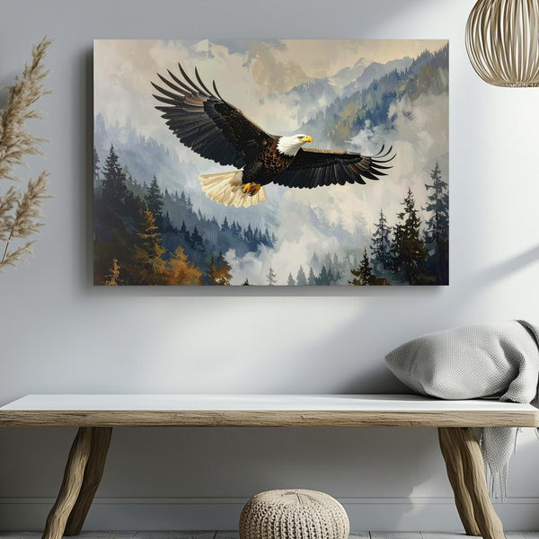 Majestic Bald Eagle Canvas – Powerful Flight over Misty Watercolor Wilderness - Gifitto