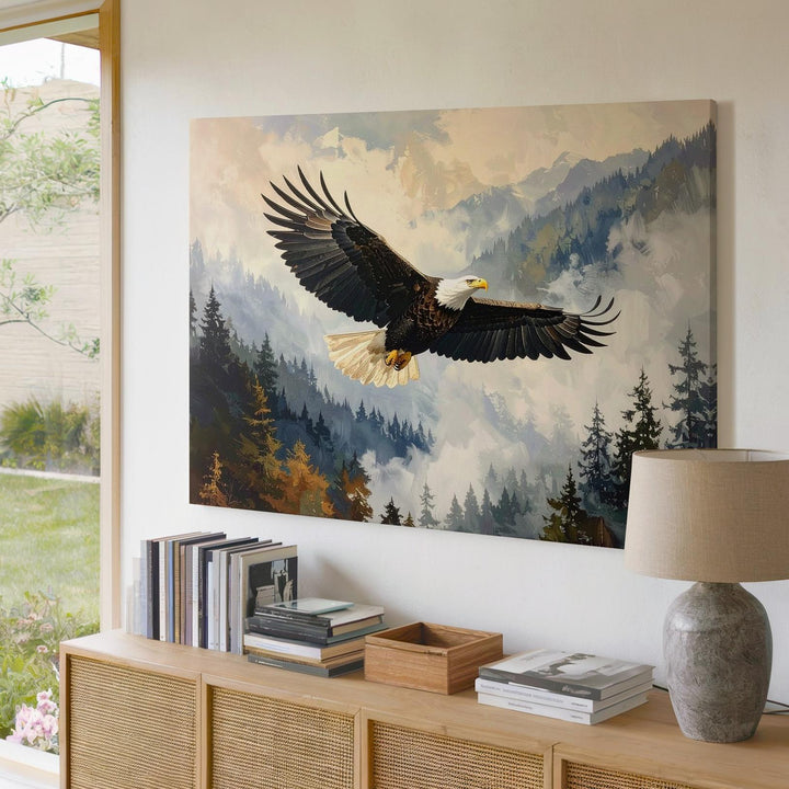 Majestic Bald Eagle Canvas – Powerful Flight over Misty Watercolor Wilderness - Gifitto