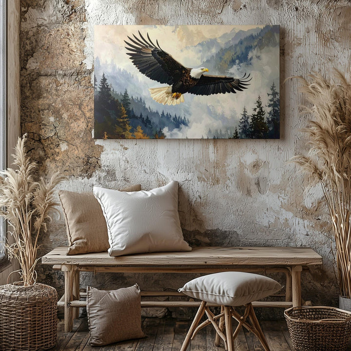 Majestic Bald Eagle Canvas – Powerful Flight over Misty Watercolor Wilderness - Gifitto
