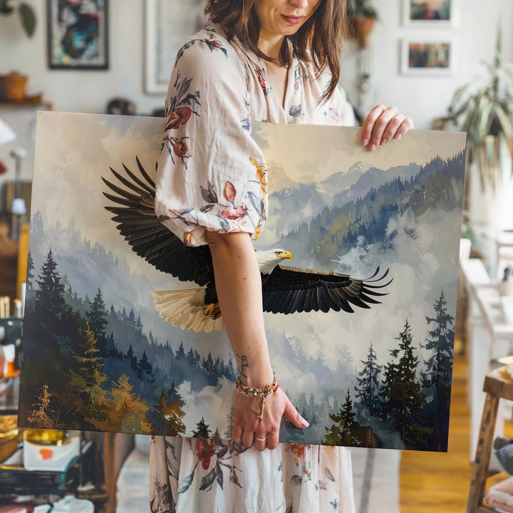 Majestic Bald Eagle Canvas – Powerful Flight over Misty Watercolor Wilderness - Gifitto