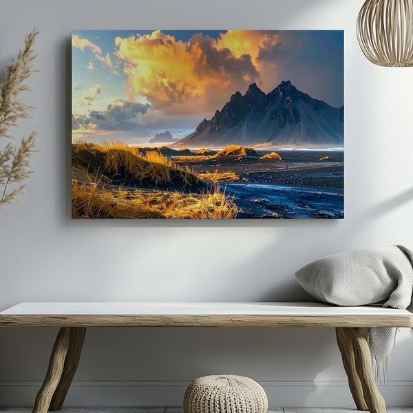 Golden Twilight Field Canvas – Dramatic Mountain Landscape with Vivid Sky - Gifitto