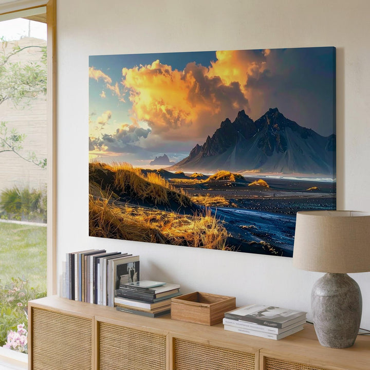 Golden Twilight Field Canvas – Dramatic Mountain Landscape with Vivid Sky - Gifitto