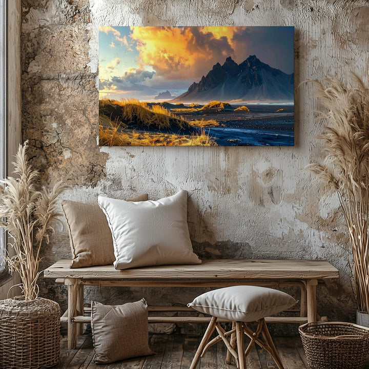 Golden Twilight Field Canvas – Dramatic Mountain Landscape with Vivid Sky - Gifitto