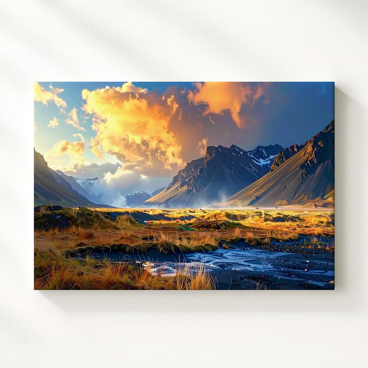 Sunset Mountain Valley Canvas – Dynamic Landscape with Orange & Blue Sky - Gifitto