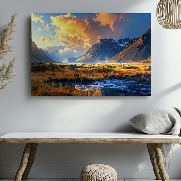 Sunset Mountain Valley Canvas – Dynamic Landscape with Orange & Blue Sky - Gifitto