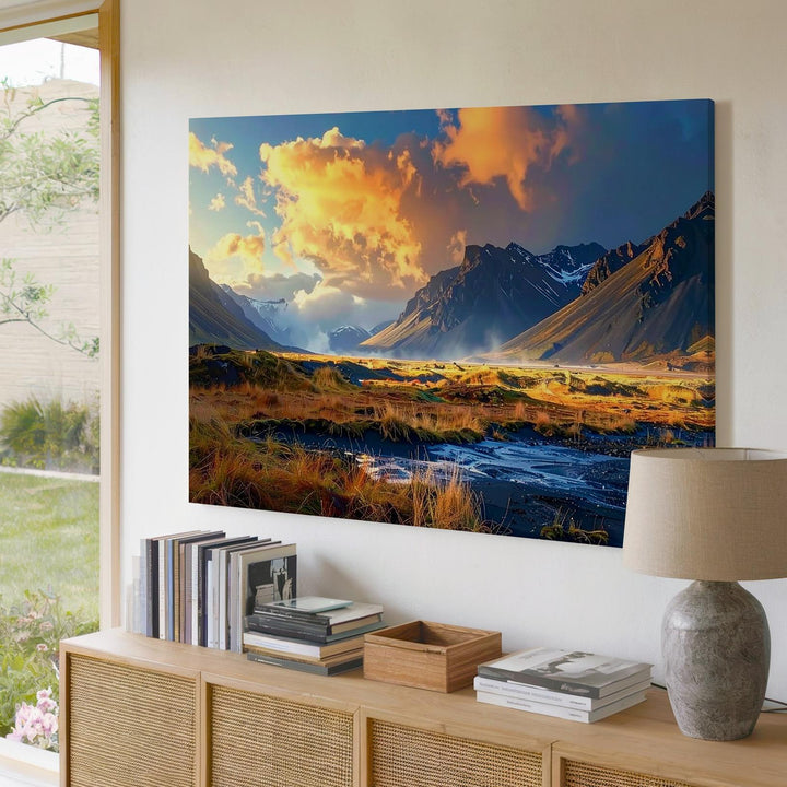 Sunset Mountain Valley Canvas – Dynamic Landscape with Orange & Blue Sky - Gifitto