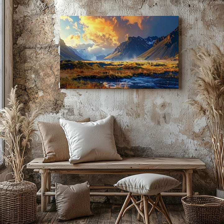 Sunset Mountain Valley Canvas – Dynamic Landscape with Orange & Blue Sky - Gifitto