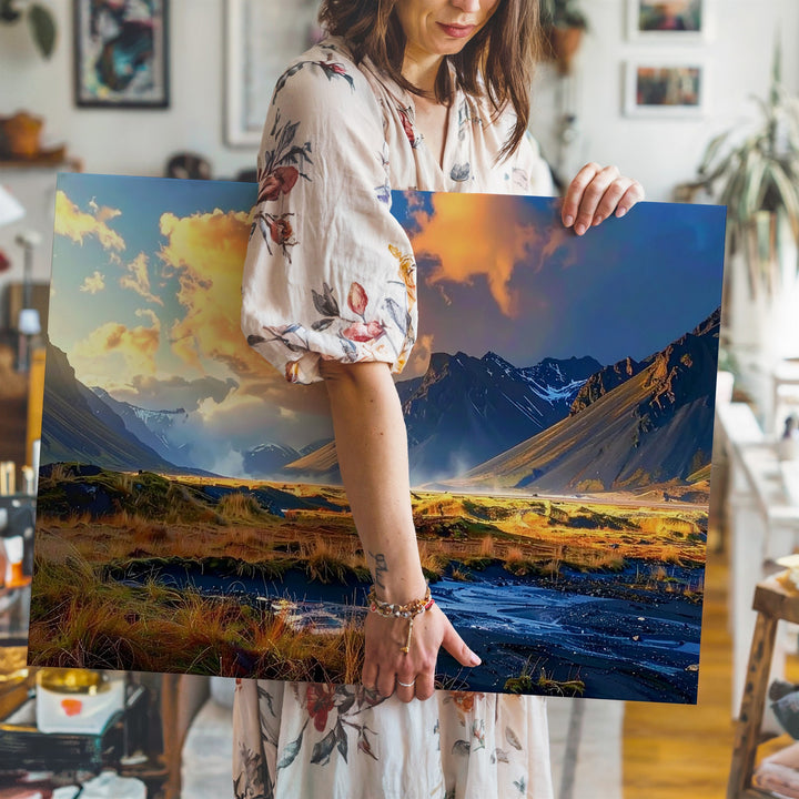 Sunset Mountain Valley Canvas – Dynamic Landscape with Orange & Blue Sky - Gifitto