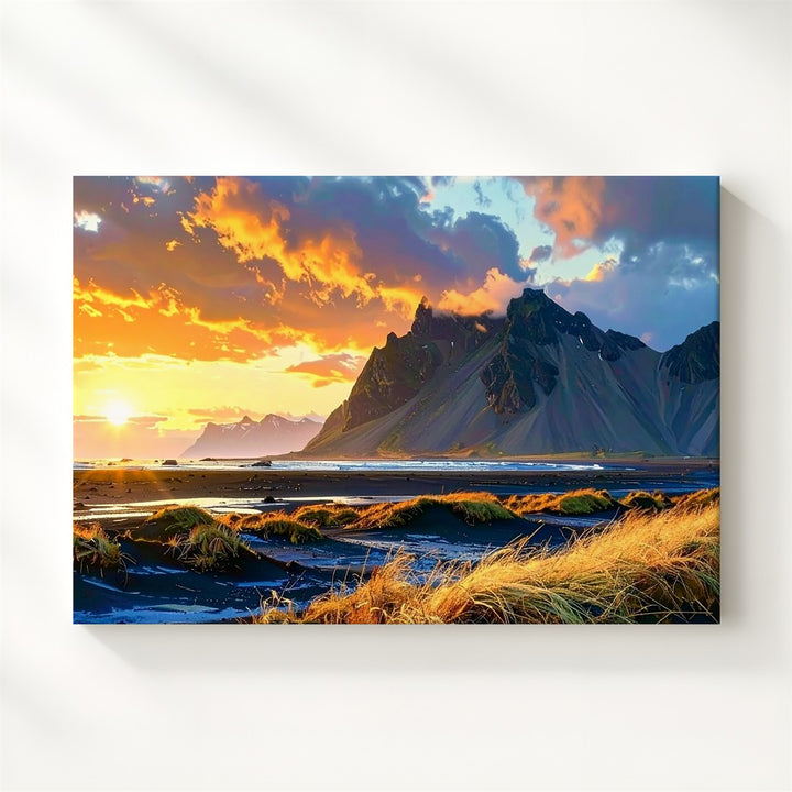 Golden Hour Mountain Sunset Canvas – Vibrant Landscape with Windswept Grasses - Gifitto